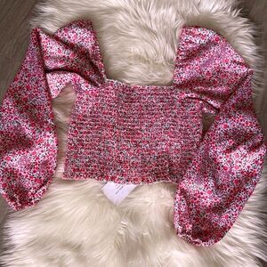 Smocked Floral Off-Shoulder Crop Top in Pink